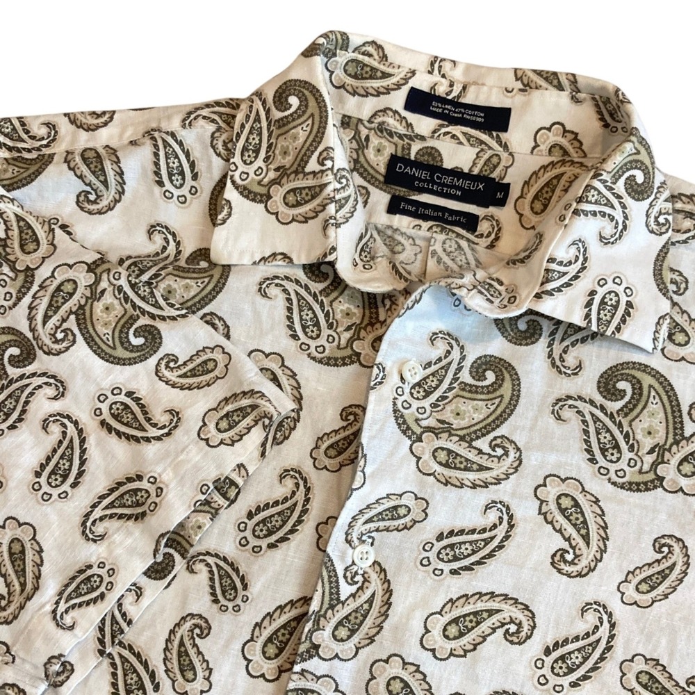 Daniel Cremieux Collection Men Medium Paisley Linen Cotton Shirt S/S White Green